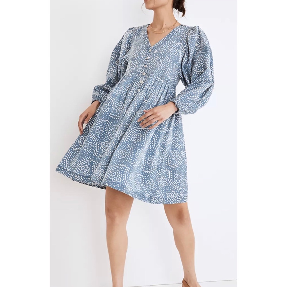 Madewell Bubble-Sleeve Button-Front Mini Dress in Indigo Paisley